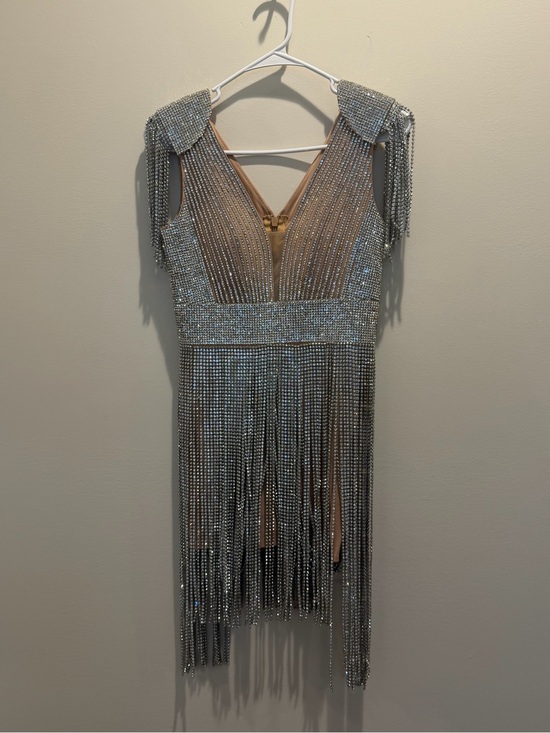 Mew Mews Dresses & Skirts - Silver Beaded Fringe Mini Dress with V-Neck